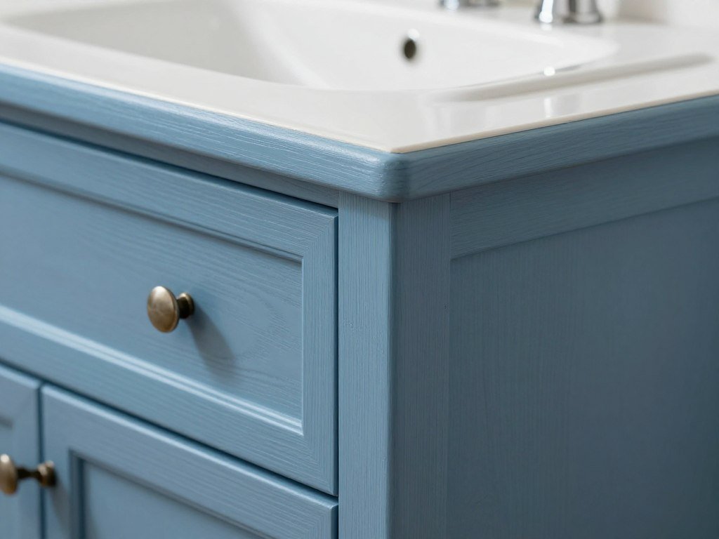 A close-up of a blue painted wood bathroom vanity showing the detailed craftsmanship and subtle wood grain beneath the paint
