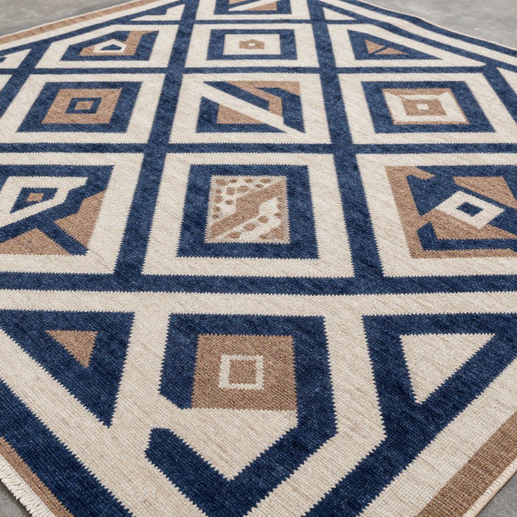 A close-up of a large-scale pattern on an outdoor rug showing bold geometric designs