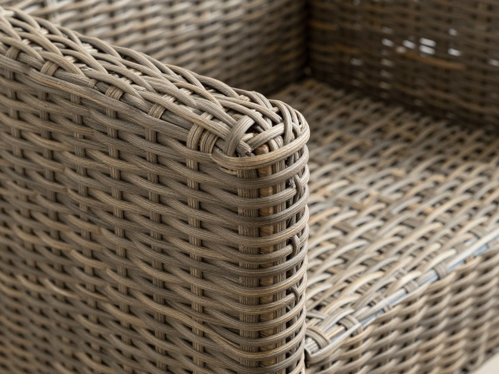 A close-up of high-quality synthetic wicker weave pattern on a patio dining chair A close-up of high-quality synthetic wicker weave pattern on a patio dining chair