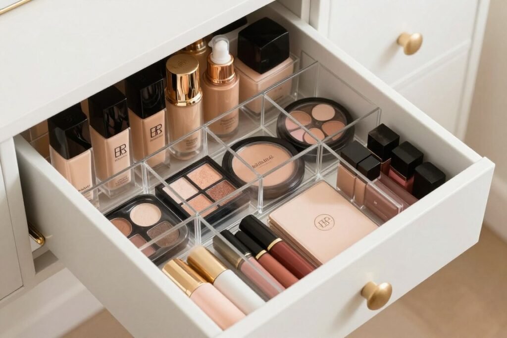 A close-up of perfectly organized vanity drawers with makeup and beauty products neatly arranged in compartments