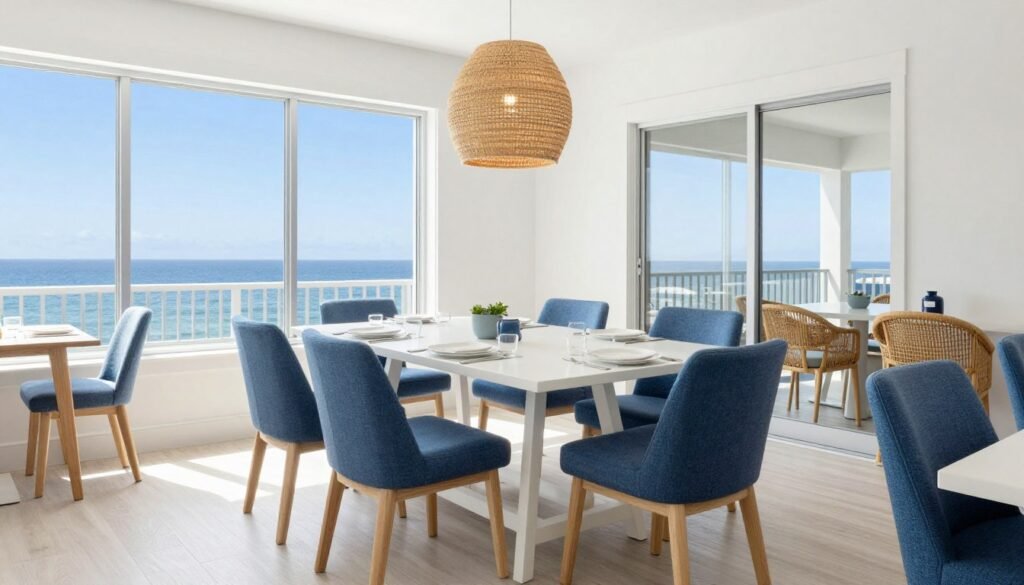 A coastal dining room showcasing a palette of blues, whites, and natural wood tones