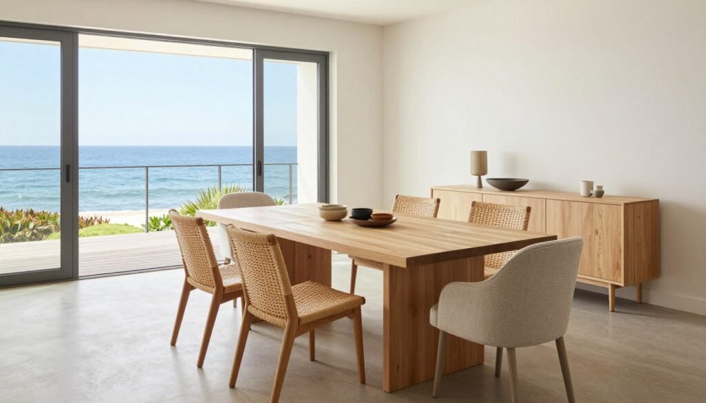 A coastal dining room with a light wood table, mixed seating, and an open, airy layout