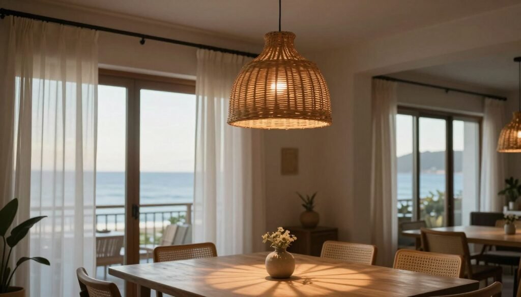 A coastal dining room with a rattan pendant light and natural light flowing through windows