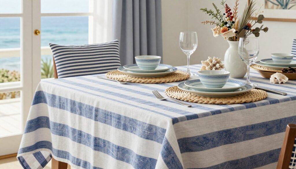 A coastal dining room with blue and white textiles, natural elements, and subtle coastal decor