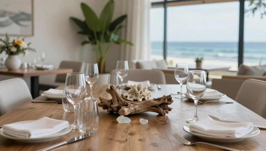 A coastal dining room with subtle natural elements like coral, driftwood, and plants