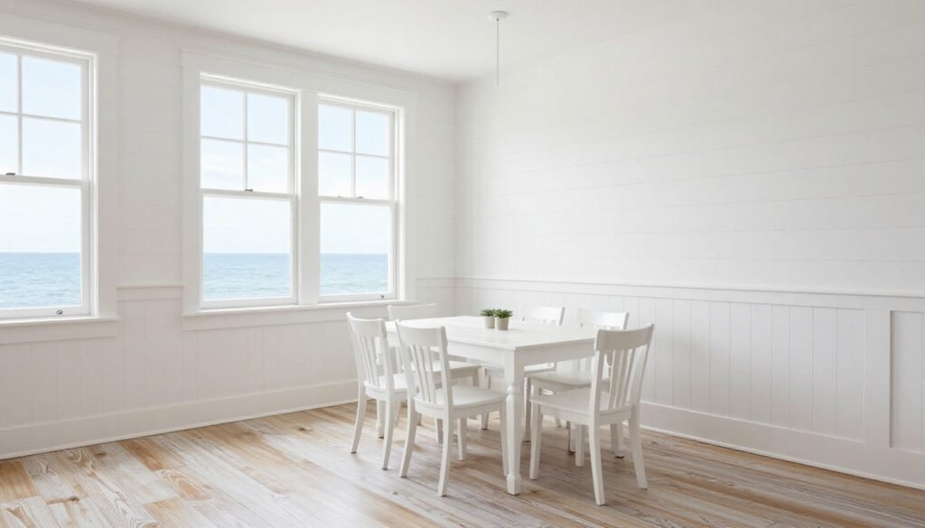 A coastal dining room with white shiplap walls and light wood flooring