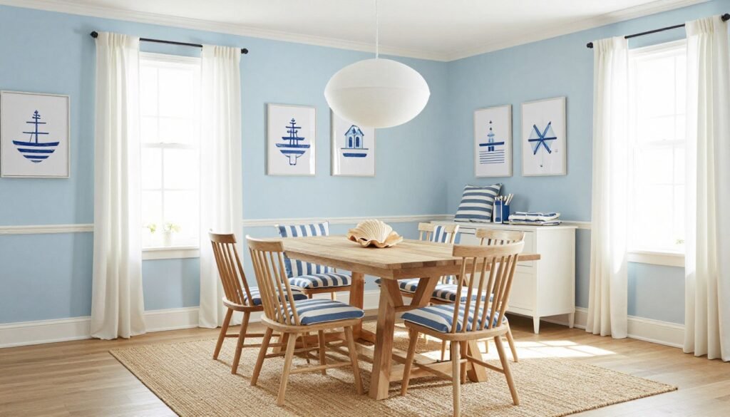 A coastal-inspired blue dining room with light woods and natural textures