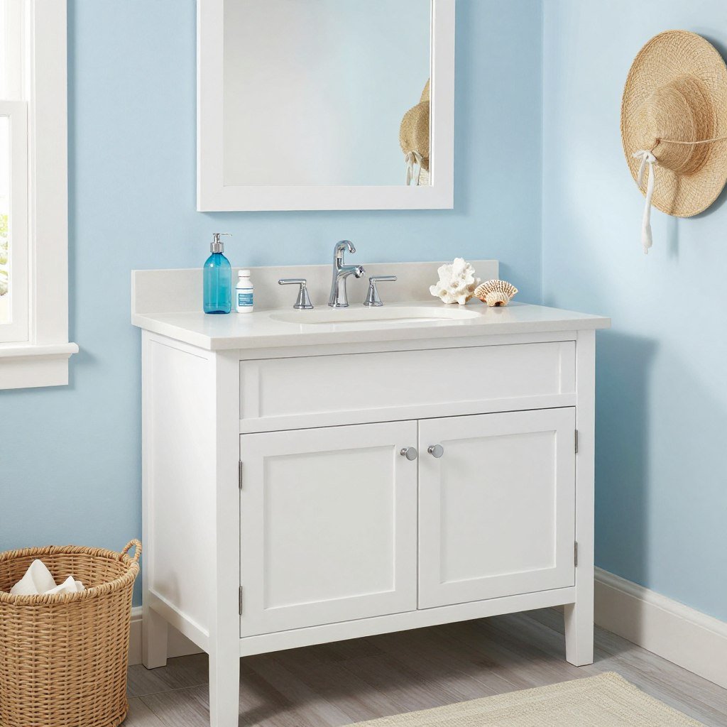 A coastal style white bathroom vanity with blue accents and beach-inspired decor