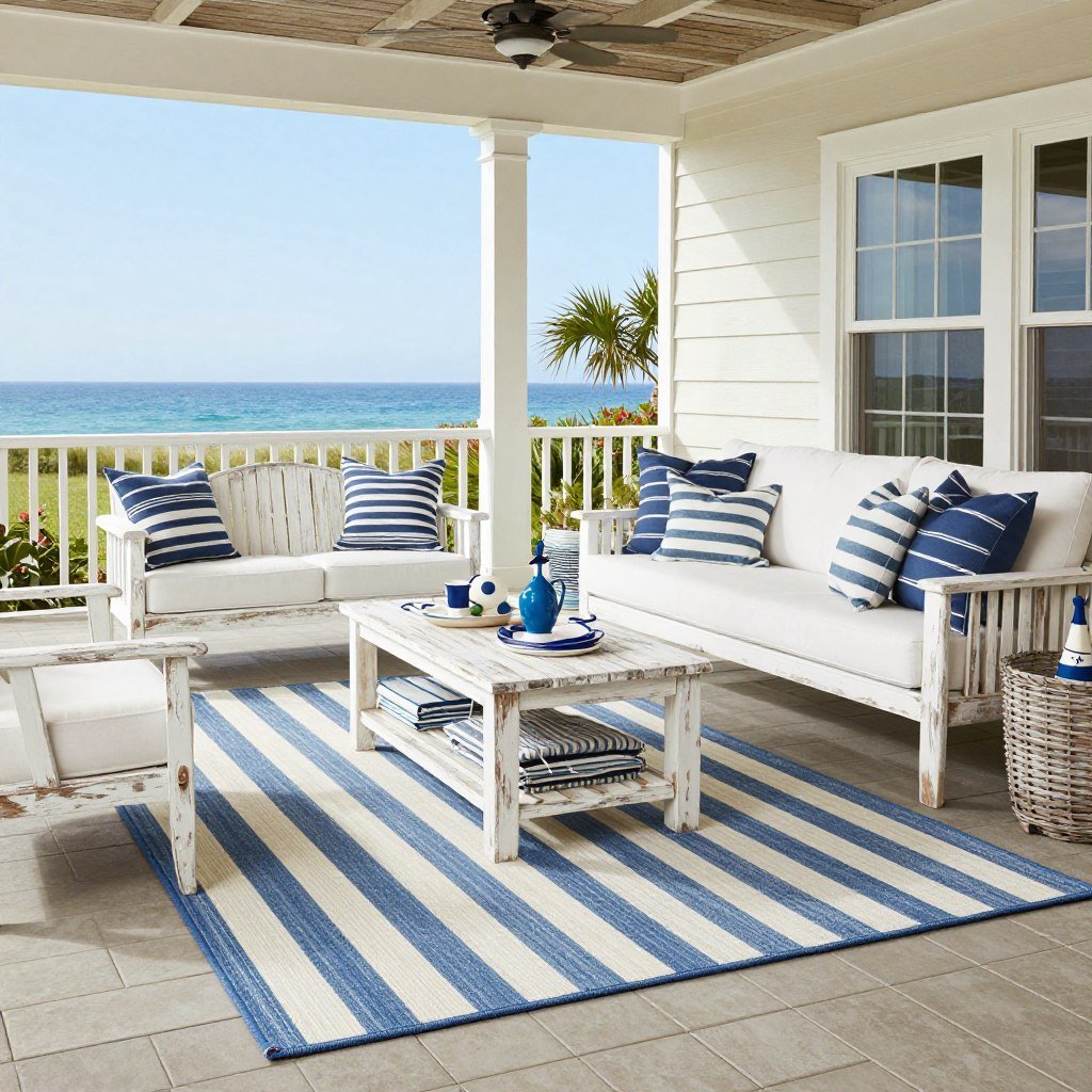 A coastal-themed patio with a blue striped outdoor rug and nautical elements