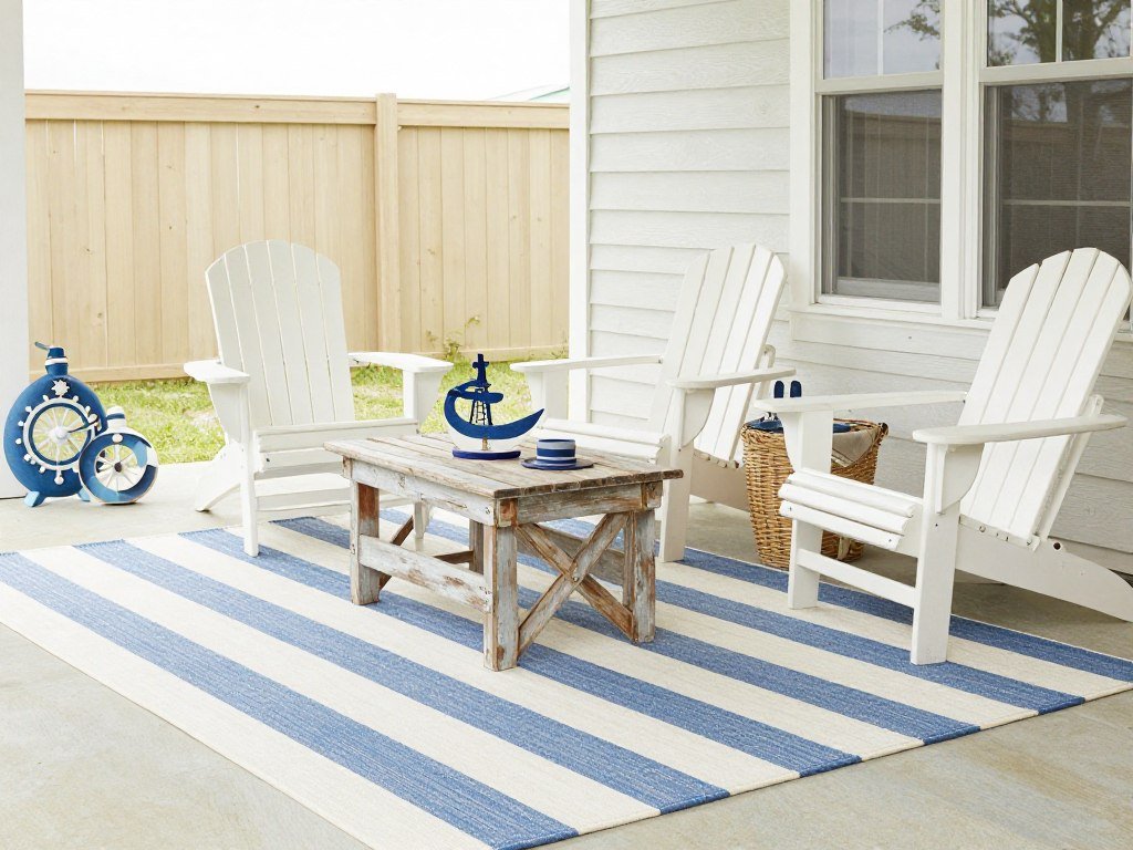 A coastal-themed patio with a blue striped outdoor rug, white furniture, and nautical accents