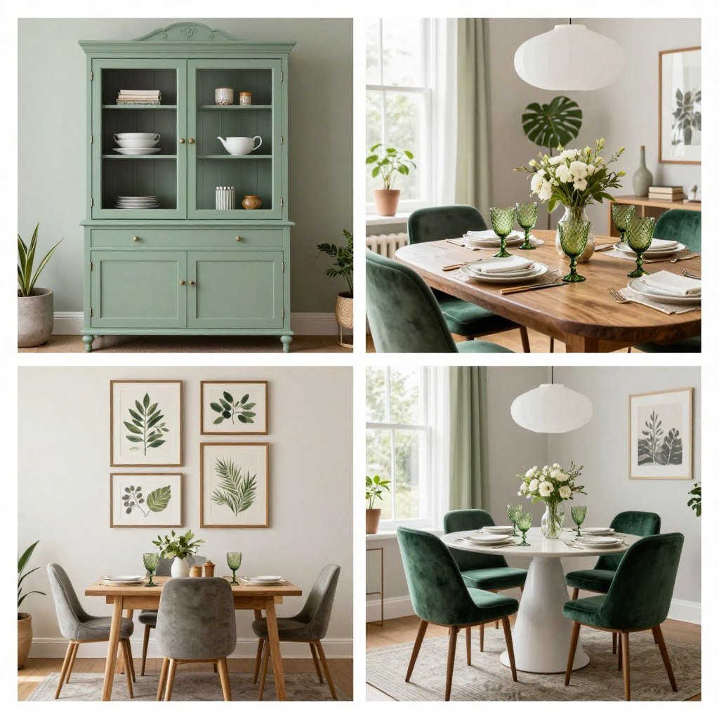 A collage of quick green dining room ideas perfect for Pinterest