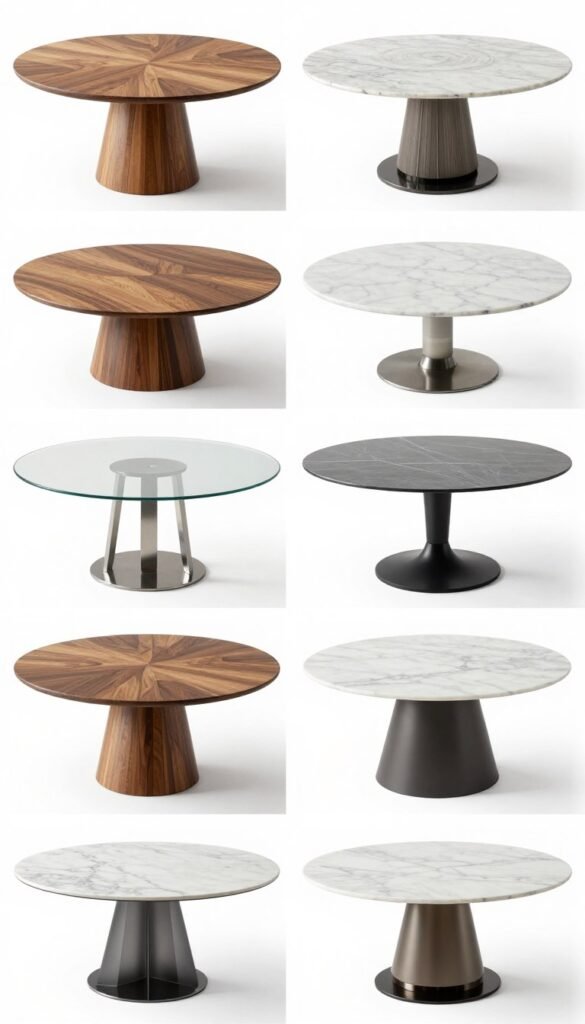 A collage of round dining tables in different materials: wood, glass, marble, and metal