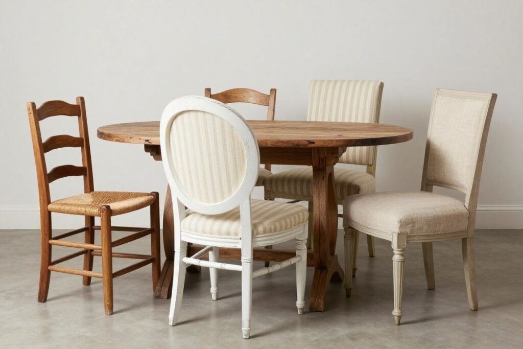 A collection of French country dining chairs showing various styles including ladder-back chairs with rush seats and upholstered options