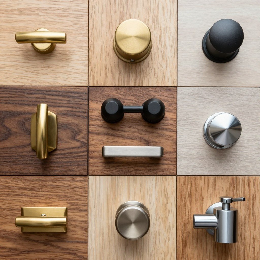 A collection of bathroom hardware options in different finishes displayed with wood samples