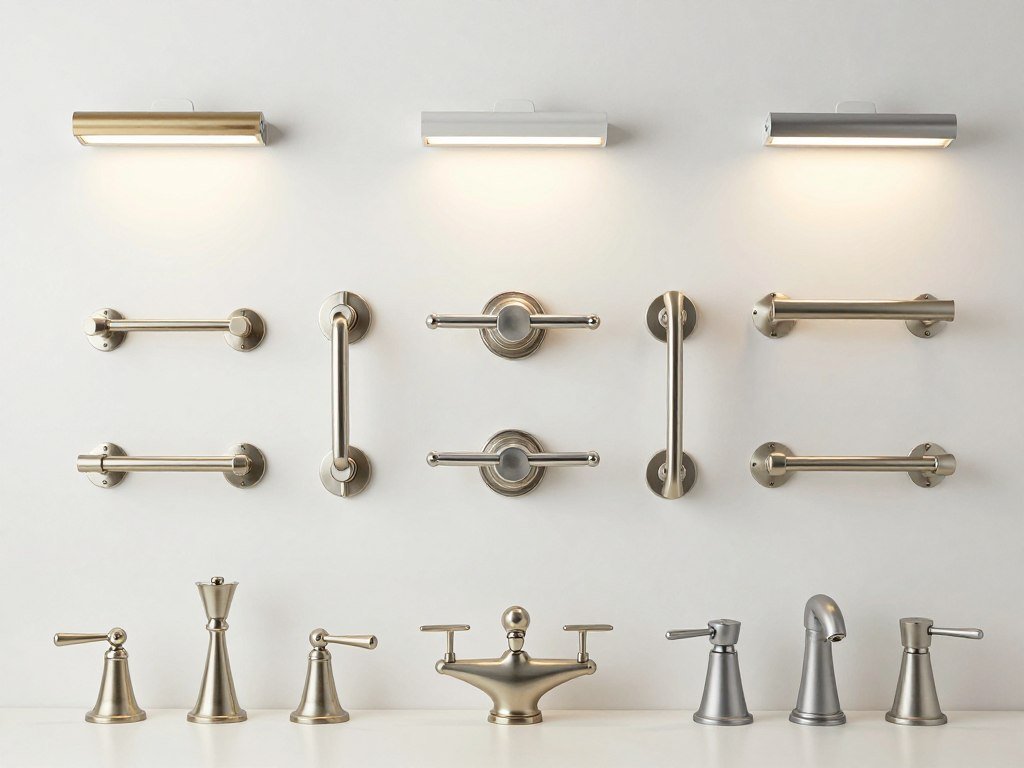 A collection of bathroom vanity hardware and fixtures including handles, knobs, faucets, and lighting in various finishes