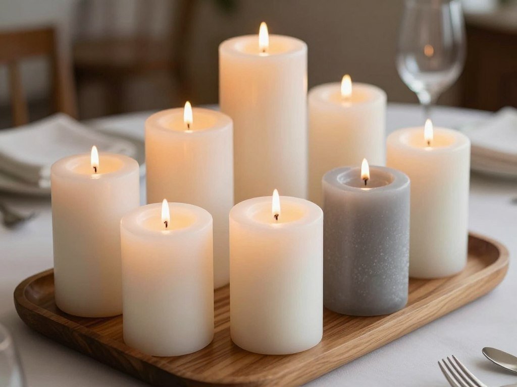 A collection of candles in varying heights creating an intimate dining atmosphere