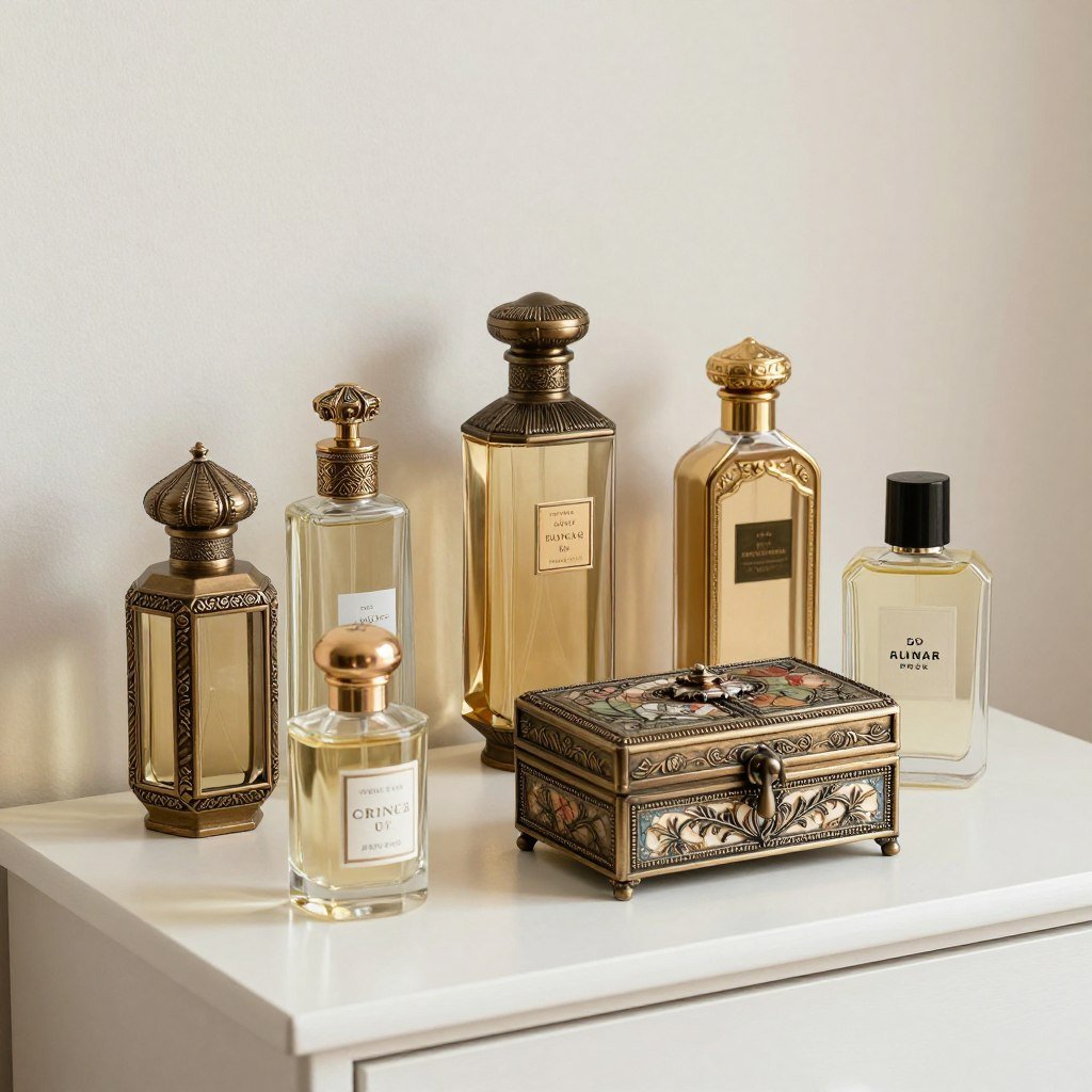 A collection of decorative perfume bottles and a vintage-inspired jewelry box on a vanity