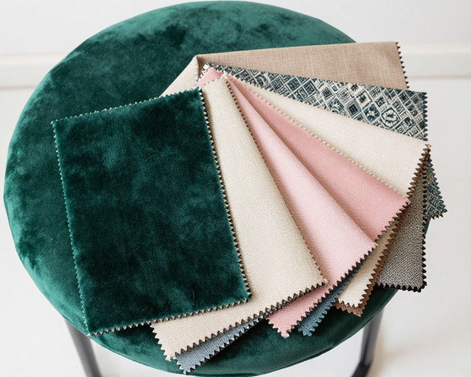 A collection of fabric swatches for vanity stool upholstery including velvet, linen, and performance fabrics