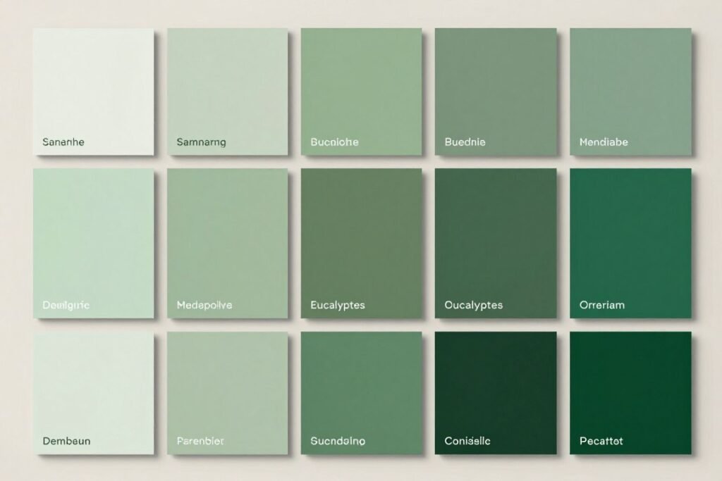A collection of green bathroom vanity color swatches ranging from light sage to deep emerald