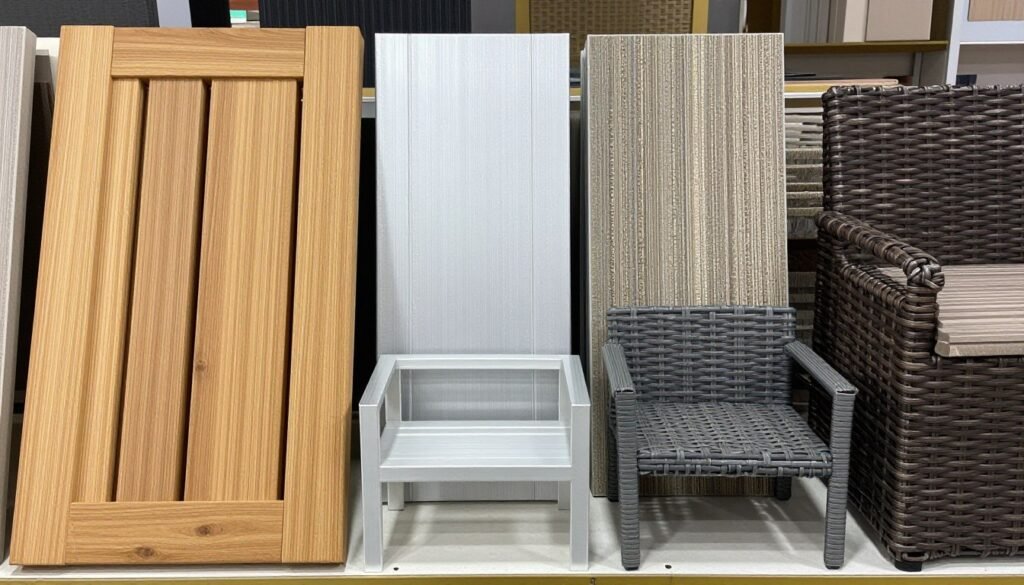 A collection of patio furniture materials including teak wood, aluminum, and all-weather wicker samples