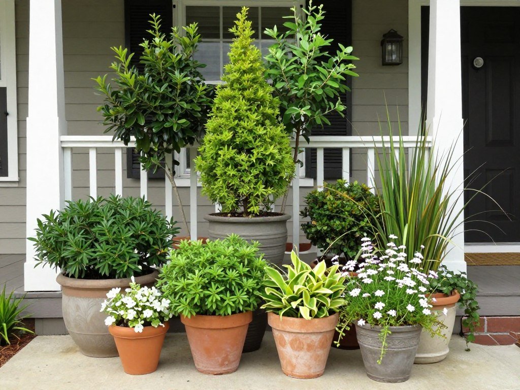 A collection of potted plants arranged on a front porch, showing variety in height, texture, and color A collection of potted plants arranged on a front porch, showing variety in height, texture, and color