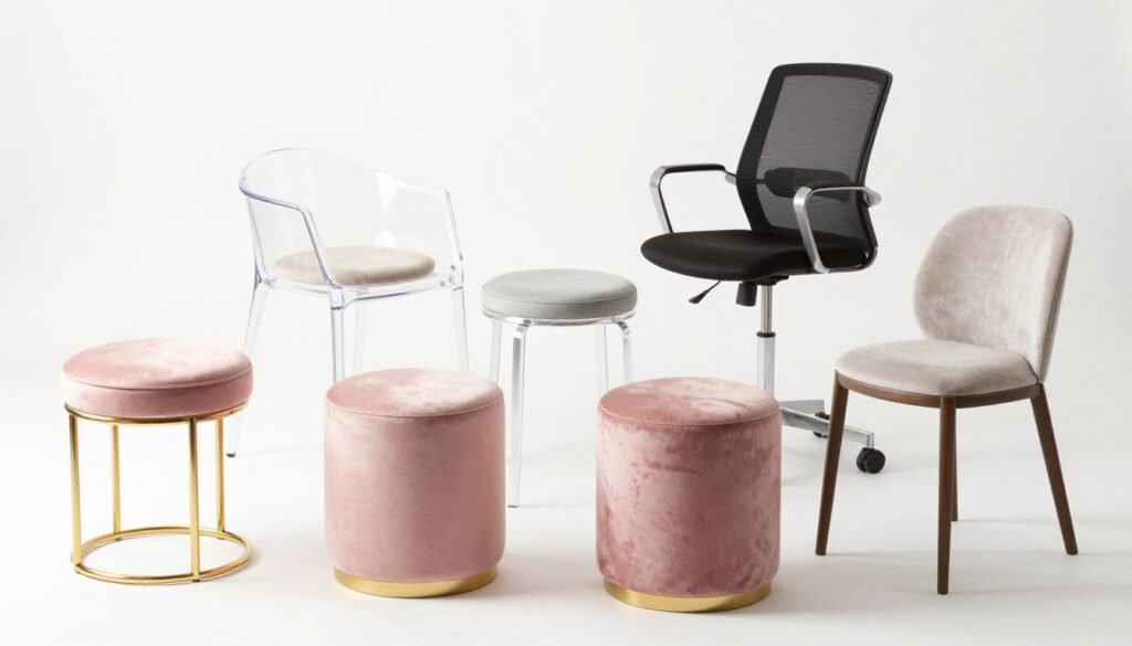 A collection of stylish vanity stools and chairs in various designs including velvet, acrylic, and upholstered options