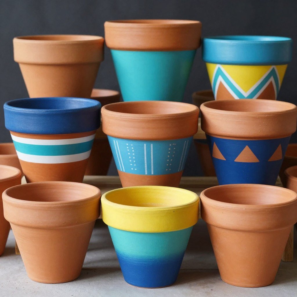 A collection of terra cotta pots painted in bright colors and patterns A collection of terra cotta pots painted in bright colors and patterns
