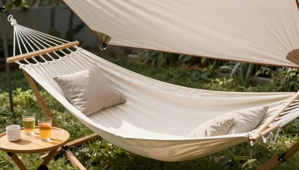 A comfortable hammock setup with weather-resistant pillows, a side table with drinks, and a canopy for shade