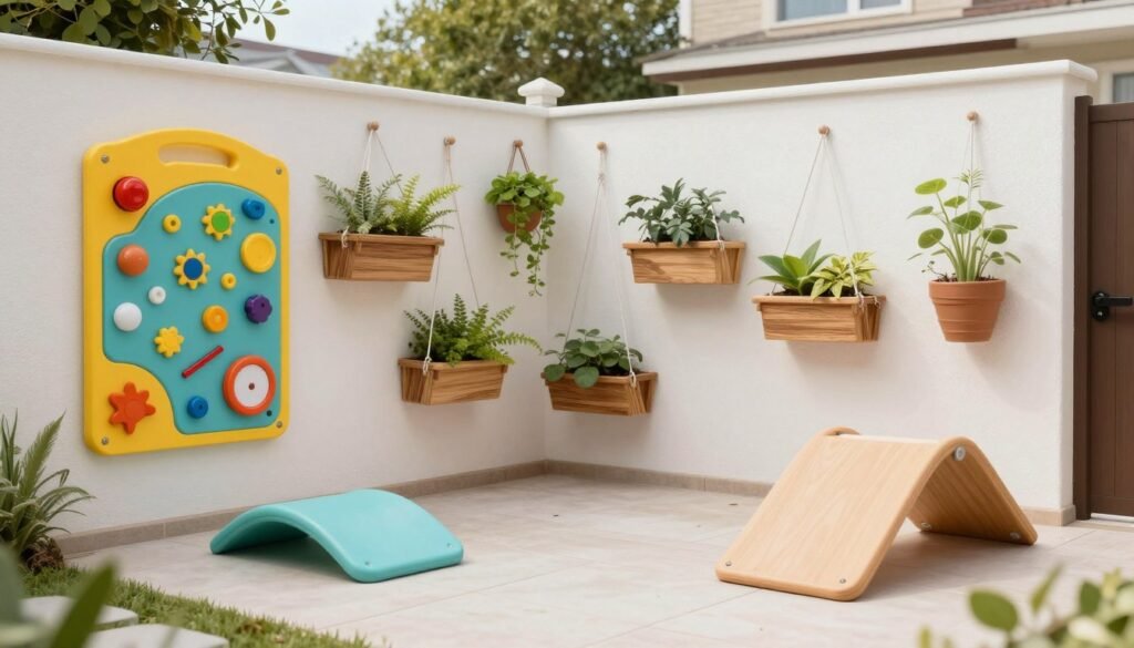 A compact backyard with vertical play elements including a wall-mounted activity board and hanging planters