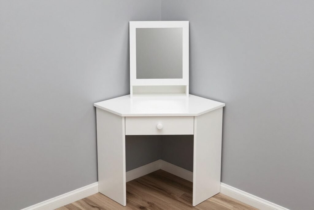 A compact corner vanity utilizing an often unused space in a small bedroom