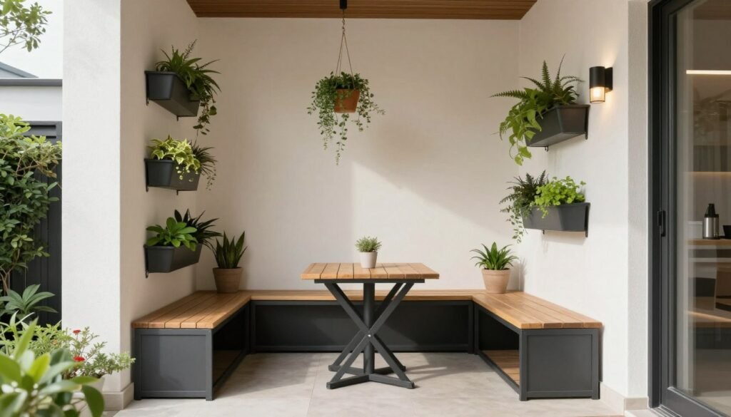 A compact front patio with vertical elements, multi-functional furniture, and clever space utilization