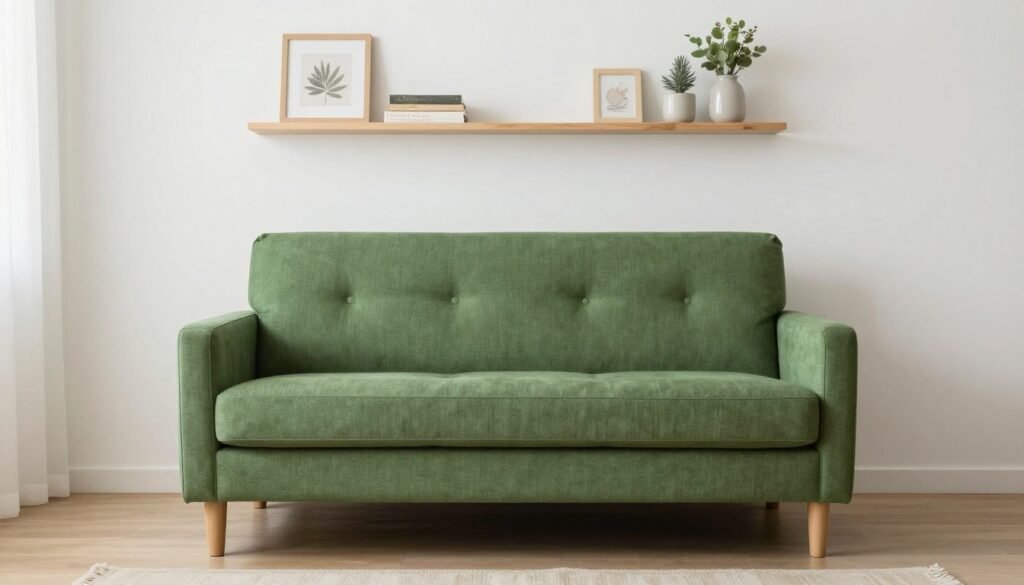 A compact green loveseat in a small living room with space-saving furniture and strategic placement