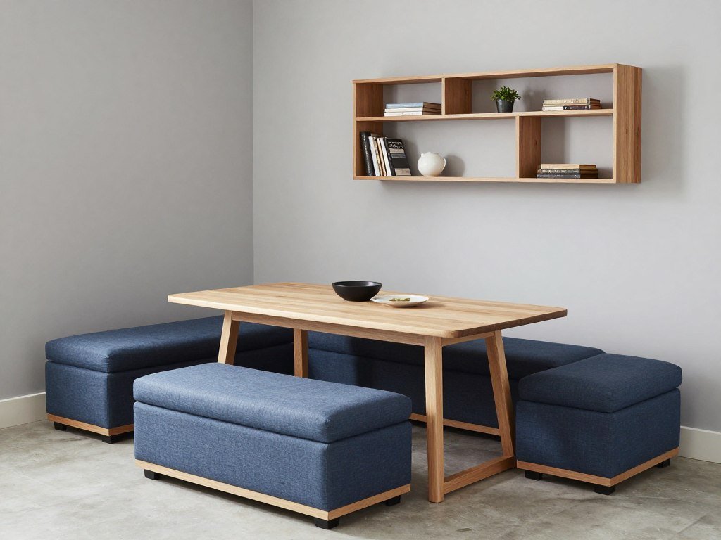 A compact living room dining room combo featuring multi-functional furniture including an extendable dining table, storage ottoman, and wall-mounted shelving to maximize space