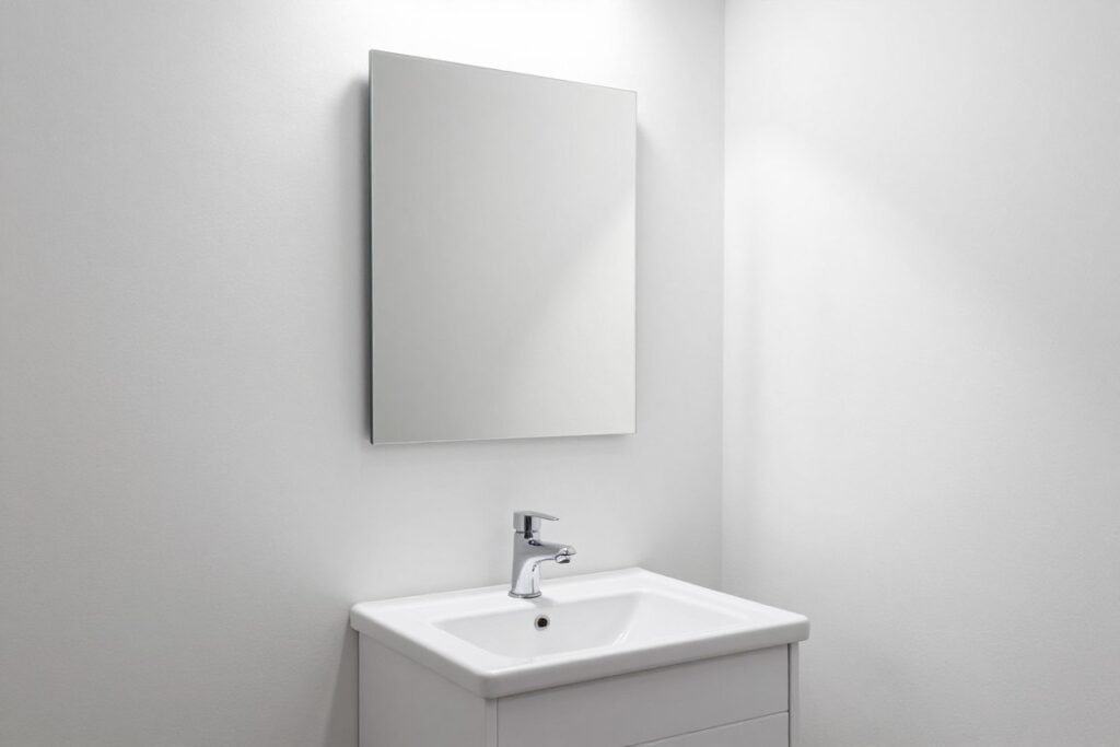 A compact wall-mounted vanity mirror in a small bathroom, demonstrating space-efficient design
