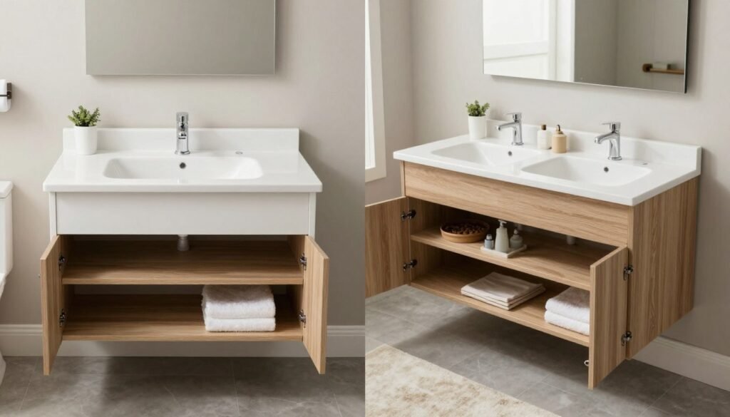 A comparison of a single bathroom vanity and a double bathroom vanity showing the space requirements and storage differences