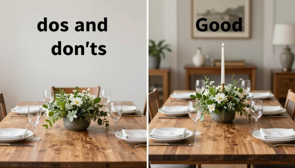 A comparison of good and problematic dining table decor, showing appropriate height and spacing versus overcrowded arrangements