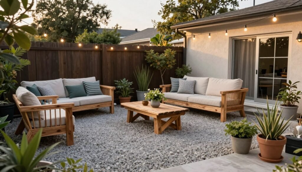 A complete budget-friendly patio transformation showing before and after with multiple DIY elements implemented