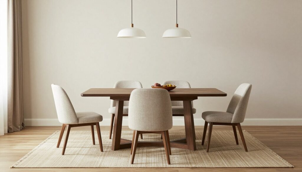 A complete dining room setup showing how table, chairs, lighting, and rug work together to create a cohesive design