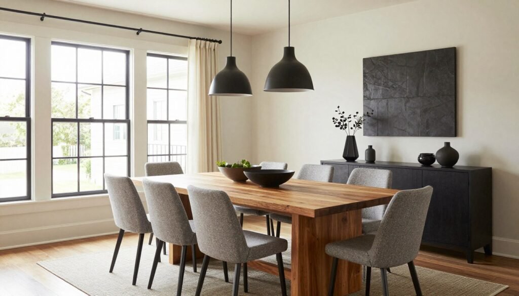 A complete modern farmhouse dining room showcasing all key elements working harmoniously together A complete modern farmhouse dining room showcasing all key elements working harmoniously together