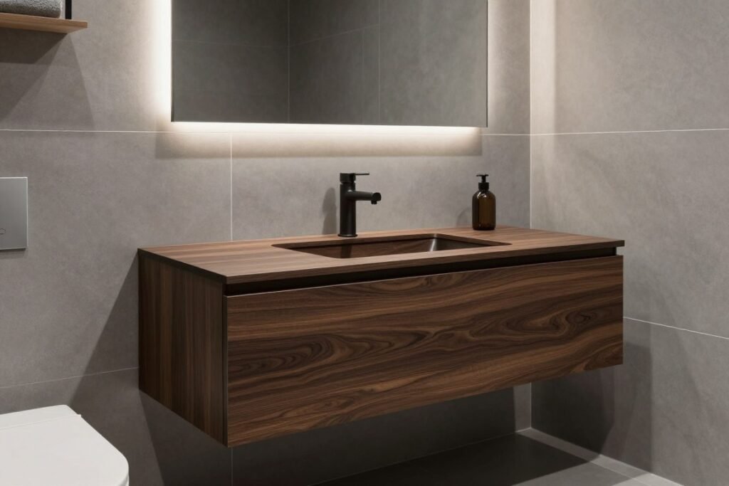 A contemporary bathroom with a floating wood bathroom vanity and integrated sink