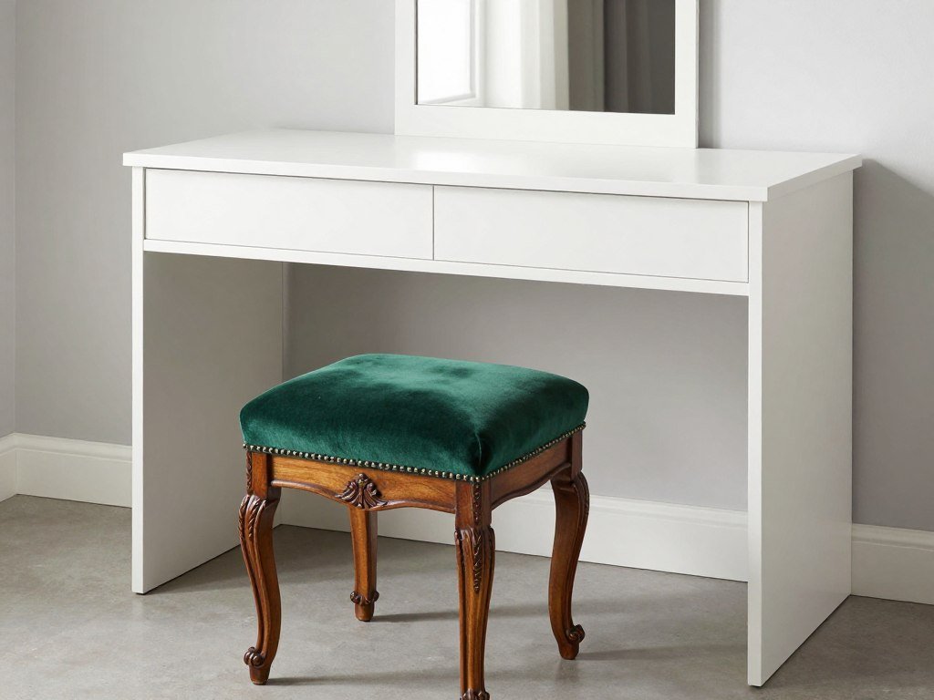 A contemporary vanity table paired with a contrasting vintage-inspired vanity stool