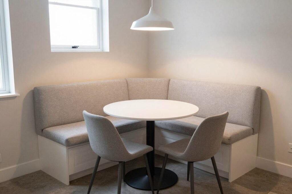 A corner banquette seating arrangement with a small round table and two chairs