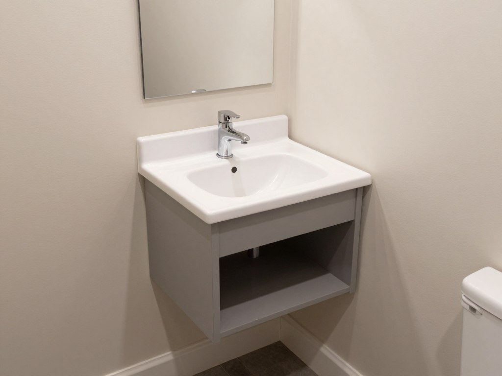 A corner bathroom vanity maximizing space in a small bathroom