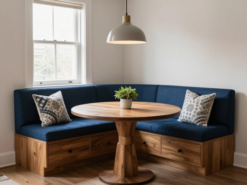 A corner dining nook featuring a pendant light, round table, and built-in seating with storage underneath A corner dining nook featuring a pendant light, round table, and built-in seating with storage underneath