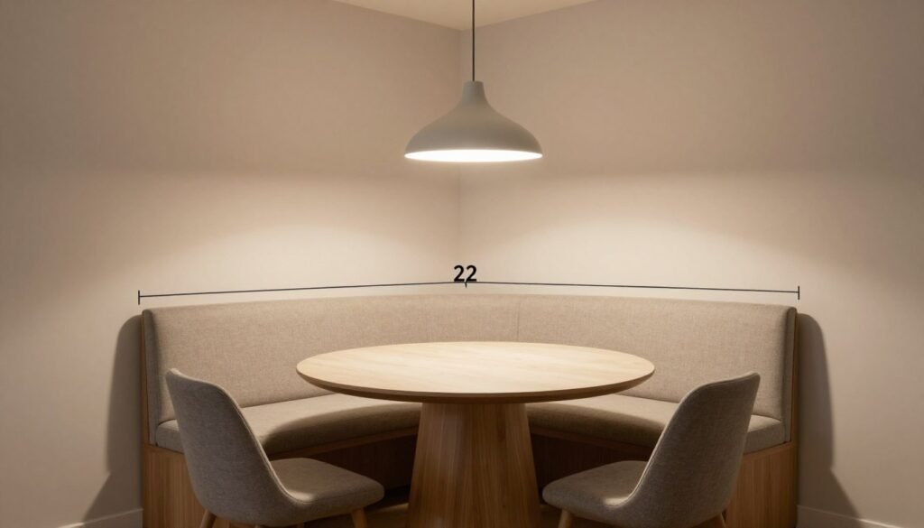 A corner dining nook showing proper lighting placement with a pendant light hanging 30-36 inches above the table A corner dining nook showing proper lighting placement with a pendant light hanging 30-36 inches above the table