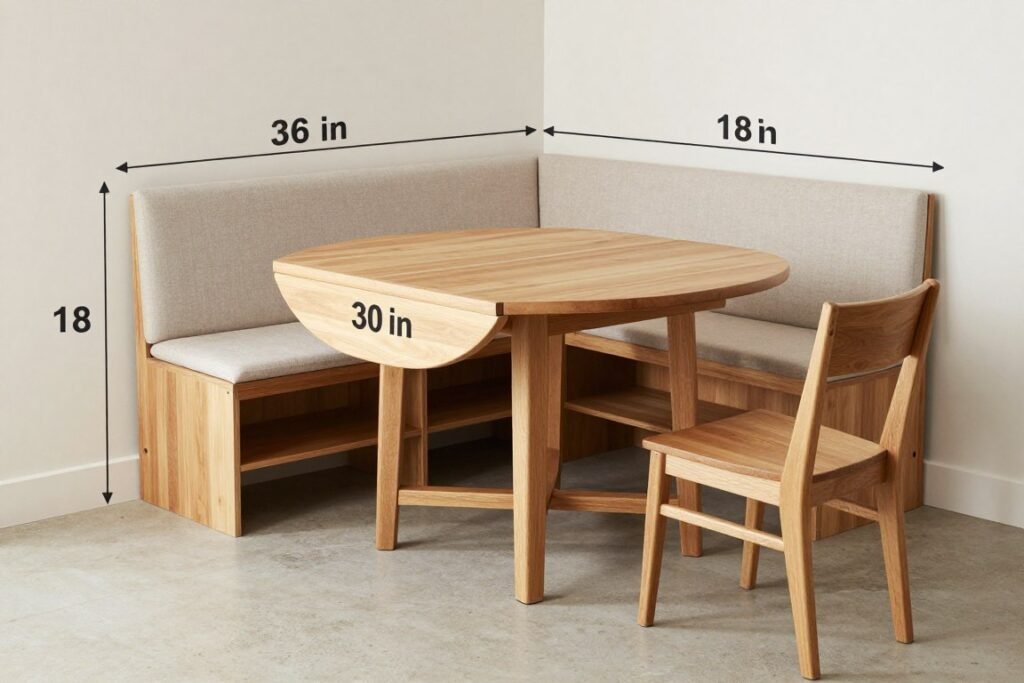 A corner dining nook with a drop-leaf table, showing measurements and proper spacing for comfortable use A corner dining nook with a drop-leaf table, showing measurements and proper spacing for comfortable use