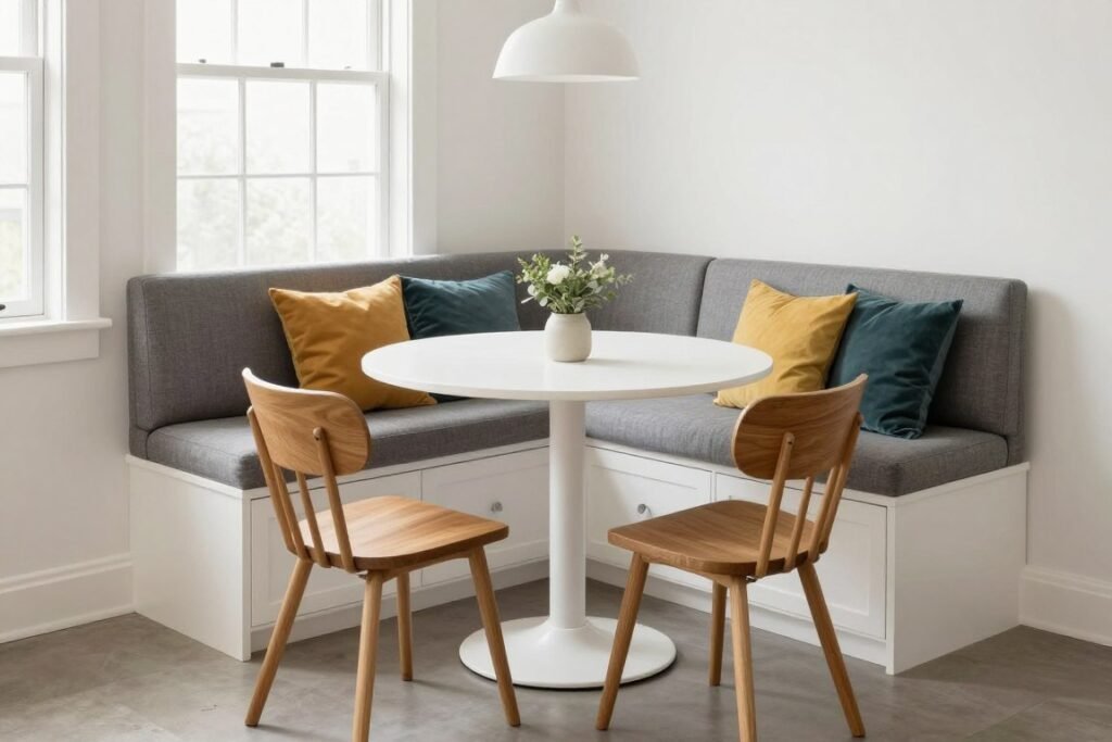 A corner dining nook with built-in banquette featuring storage drawers underneath and a pedestal table A corner dining nook with built-in banquette featuring storage drawers underneath and a pedestal table