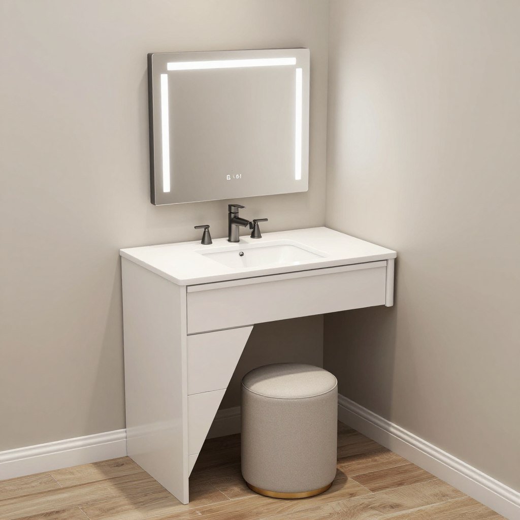 A corner vanity setup making efficient use of space with angled design and built-in storage