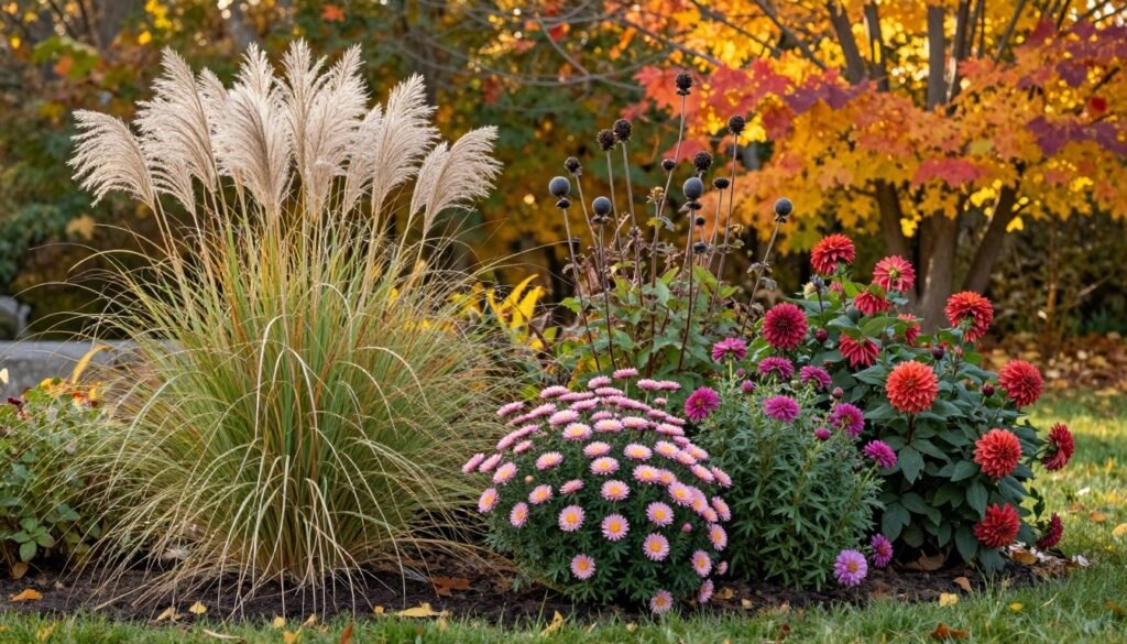 A cottage core backyard in autumn with seedheads, late-blooming flowers, and colorful foliage
