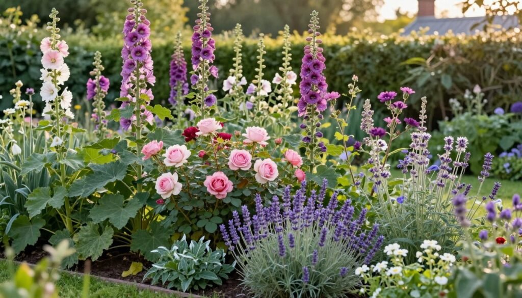 A cottage core backyard showing layered plantings with tall hollyhocks in the back, medium roses in the middle, and low lavender in front
